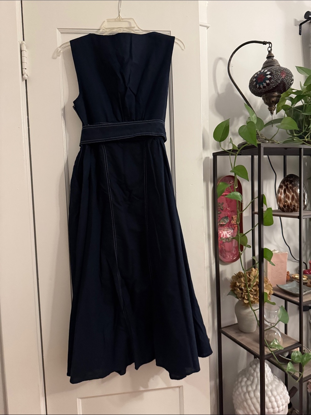Commense Navy Maxi Dress with Contrast White Stitching and Tie Belt - Picture 3 of 3